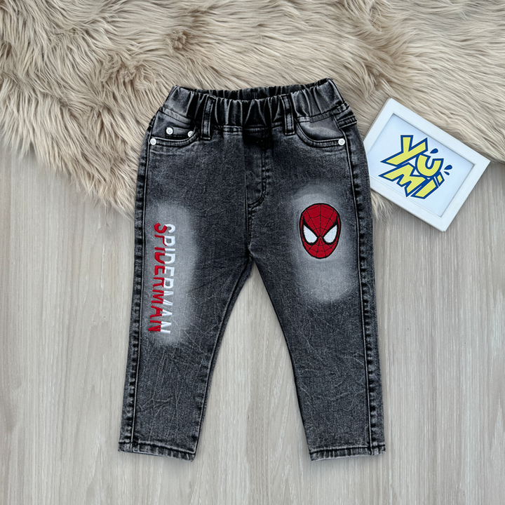 Adorable Kids Black Spiderman Round Elastic Jeans - YUMI.PK