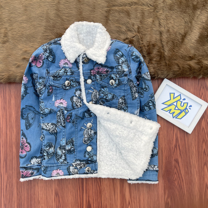 Butterfly Bliss: Girls' SKY Denim Jacket with All-Over Print and Cozy Fur Lining - YUMI.PK