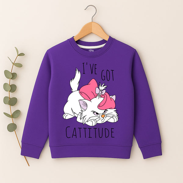 Purple girls' sweatshirt with cute white cartoon cat and "I've Got Cattitude" text – Yumi.pk