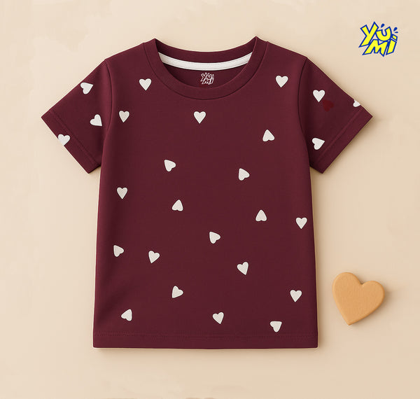 Girls’ Maroon Cotton T-Shirt with White Heart Print 