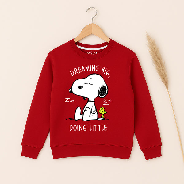 Red kids winter sweatshirt with cute sleeping cartoon character and “Dreaming Big, Doing Little” print