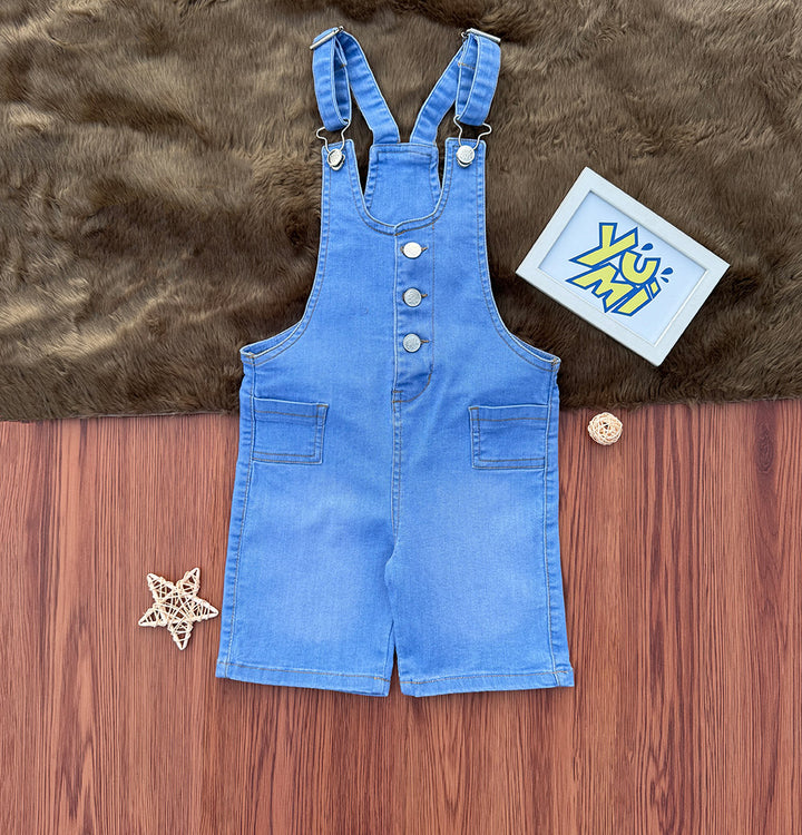Girls' Sky Blue Denim Dungaree Shorts - Adjustable Straps