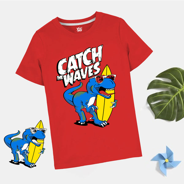 Catch The Waves With Kids' Red Dinosaur Skate T-Shirt!