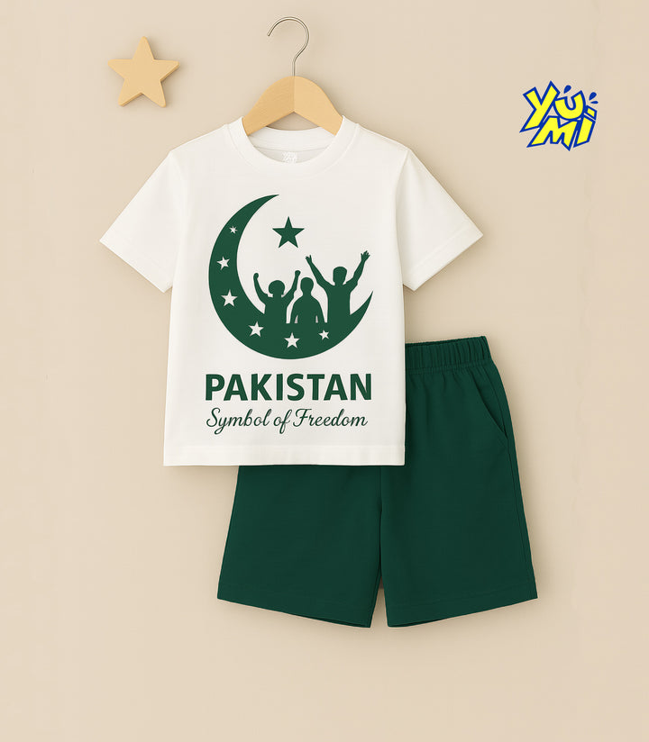 Pakistan Independence Day Kids Outfit Set – White T-Shirt and Green Shorts 