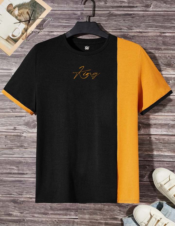 Black & Mustard Color Block "King" T-Shirt for Kids