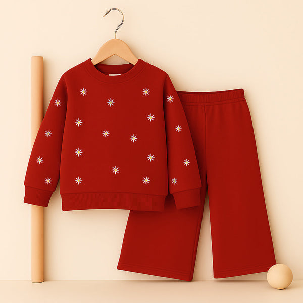 All-Over Embroidered Girls' Crewneck & Wide-Leg Trousers Outfit