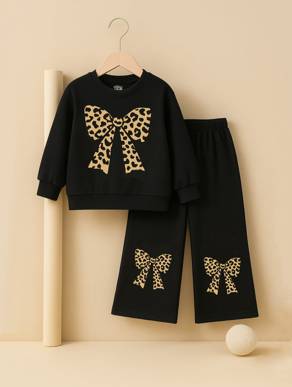 Girls Black Wide Leg Trouser & Sweatshirt Set with Leopard Bow Print