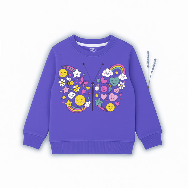 Purple girls’ sweatshirt with colorful butterfly, hearts, rainbows, and smiley face print