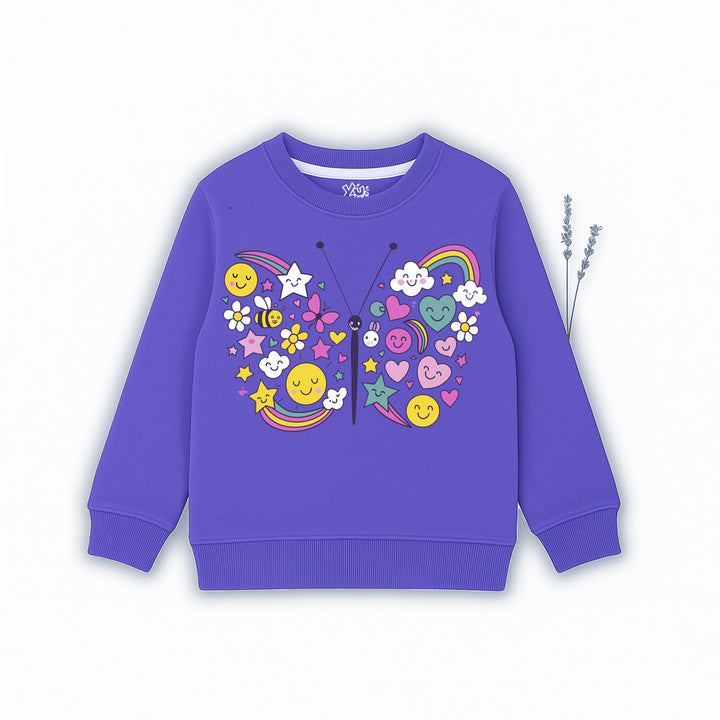 Purple girls’ sweatshirt with colorful butterfly, hearts, rainbows, and smiley face print