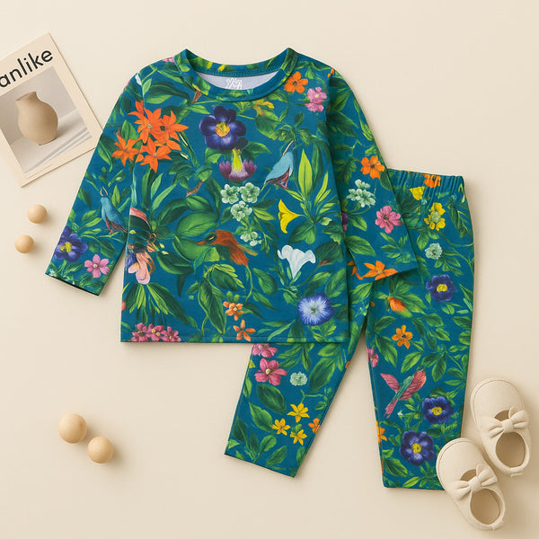 Girls’ Lycra Terry Digital Print Set – Floral & Bird Design