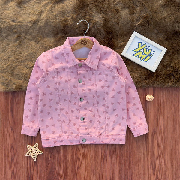Girls pink heart print denim jacket with button-down front and full sleeves