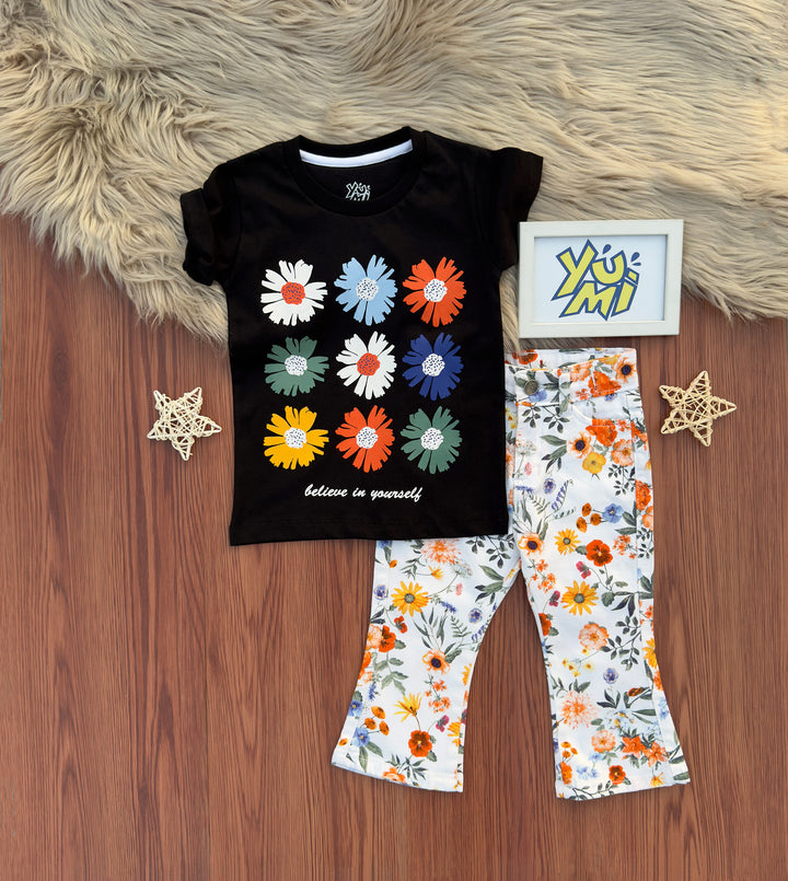 Floral Girls’ T-Shirt & Cotton Bell-Bottom Pants Set - YUMI.PK