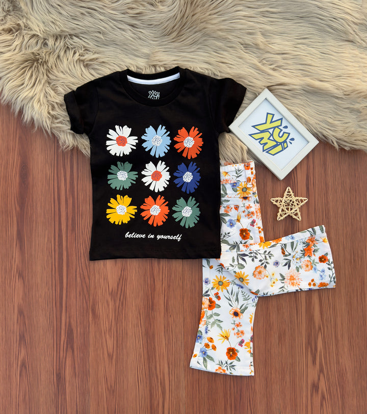 Floral Girls’ T-Shirt & Cotton Bell-Bottom Pants Set - YUMI.PK