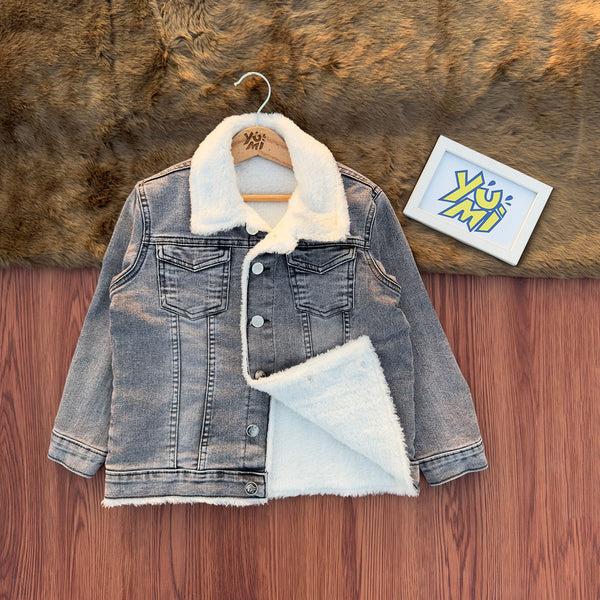 Girls' Gray Barbie Embroidered Denim Jacket with Fur lining