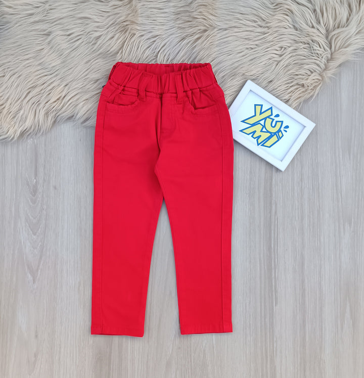 Comfy Red Cotton Twill Pants for Girls - YUMI.PK