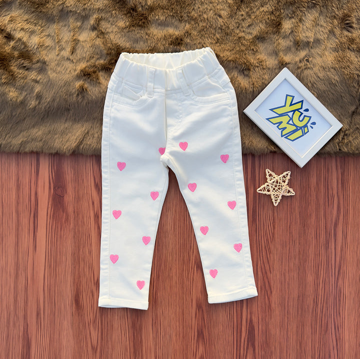 girls white cotton jeans with heart embroidery 