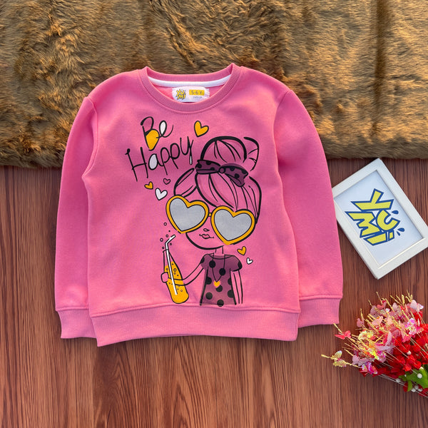 Girls' Pink Be Happy Doll Sweatshirt with Glittery Eyes - YUMI.PK