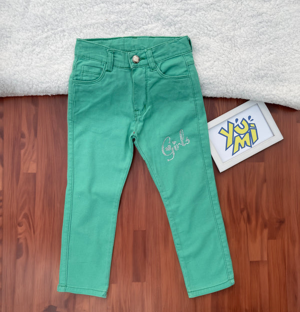Girls' Sea Green Cotton Stretch Pants | Comfy & Breathable