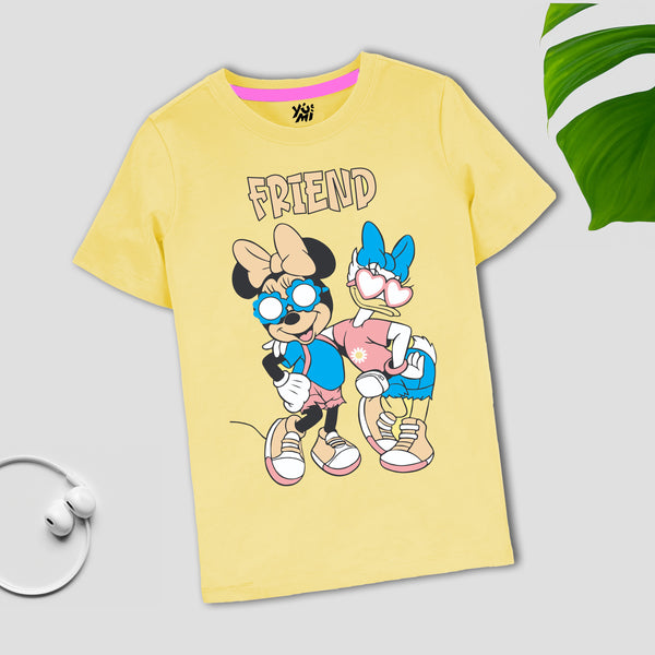 Adorable Minnie & Duck Friends Print Light Yellow T-Shirt for Girls