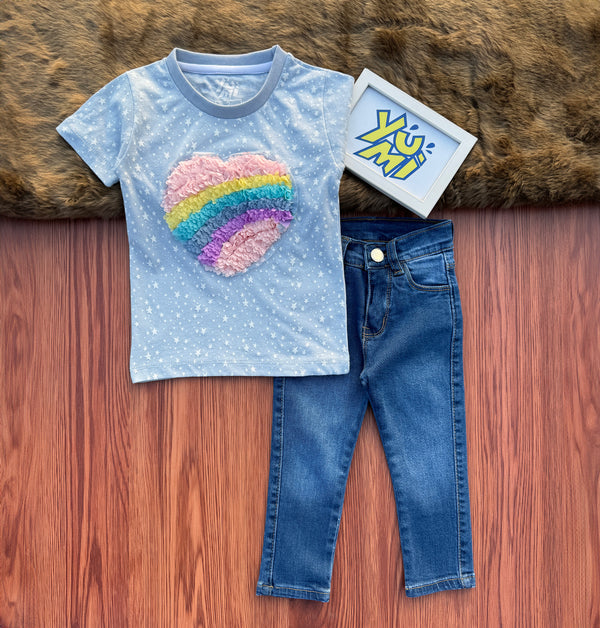 Sparkling Style: Girls' All-Over Star Print T-Shirt & Jeans Set