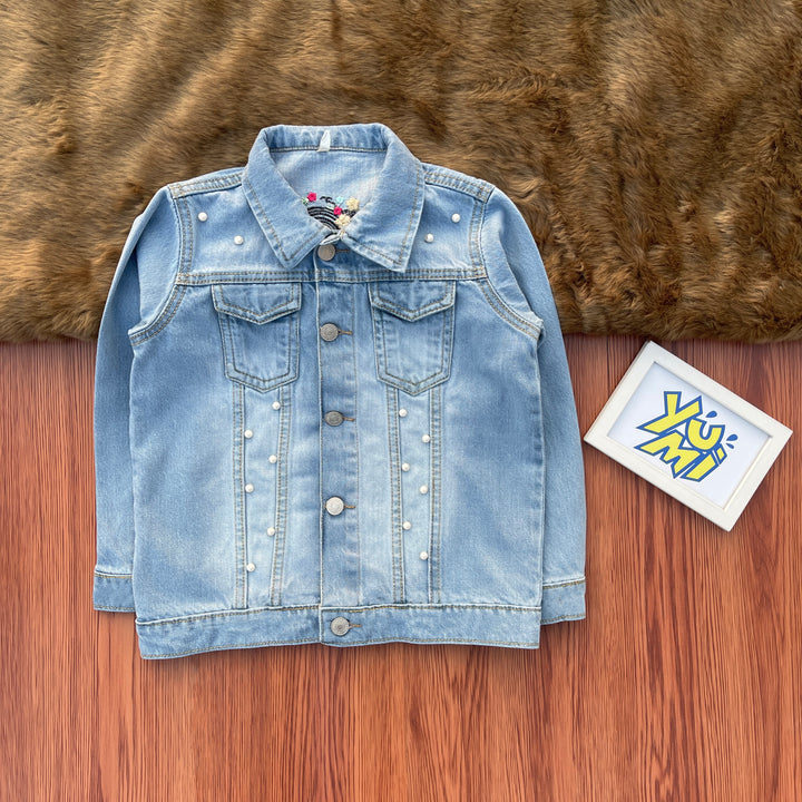 Sky Blue Girls Denim Jacket with Doll Embroidery & Pearls | Shop Now! - YUMI.PK