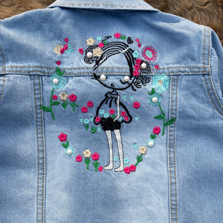 Sky Blue Girls Denim Jacket with Doll Embroidery & Pearls | Shop Now! - YUMI.PK
