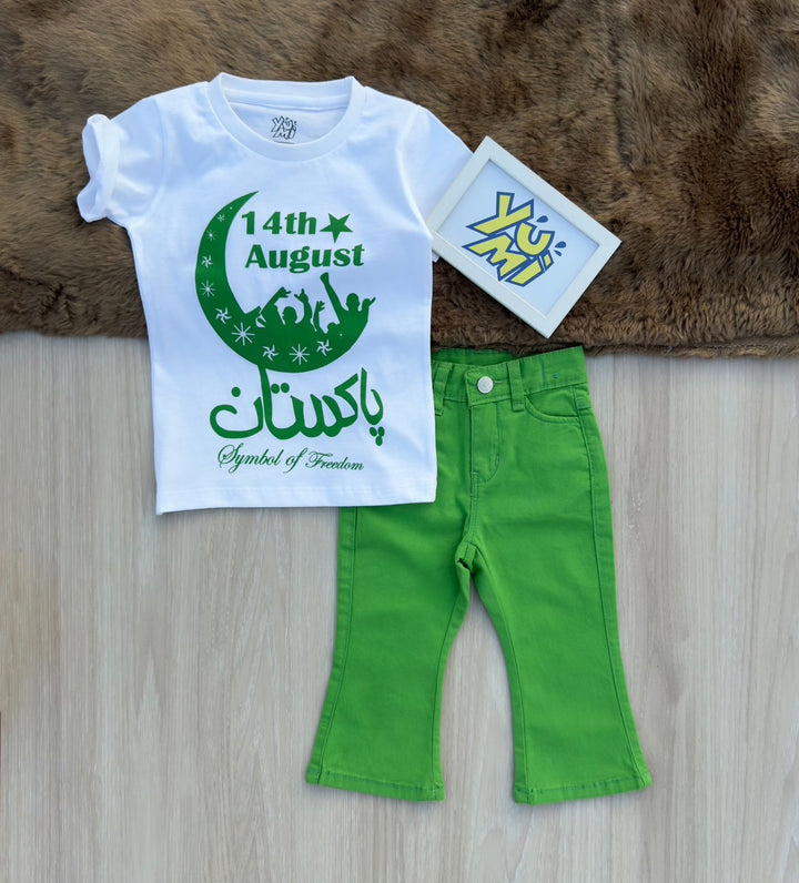 14th August Independence Day Girls Outfit - Green Pants & Printed T-Shirt - YUMI.PK