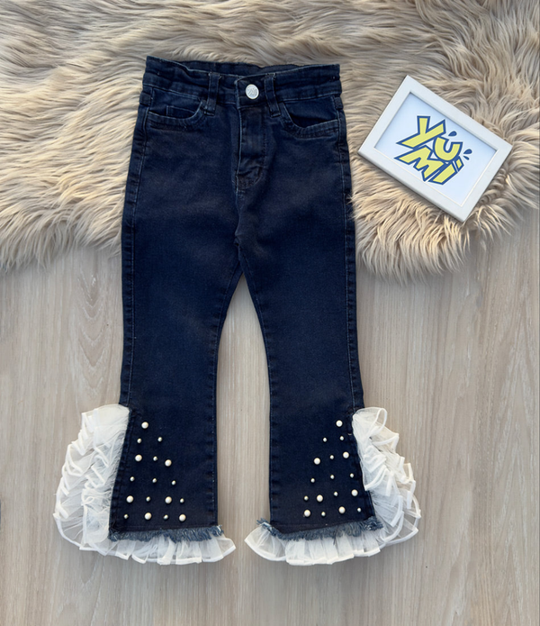 Girls Blue Pearl Embellished Flared Jeans with Net Frill