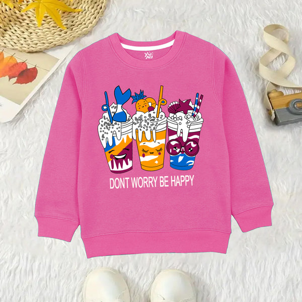 Cosy Up in Joy: Girls' Pink Winter Fleece Sweatshirt with 'Shakes Ice Cream' Print