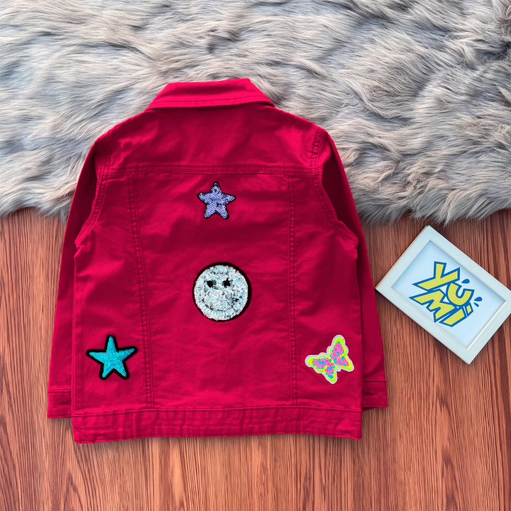 Girls' Red Sequin Patch Jacket A Journey from Stars to Smiles YUMI.PK