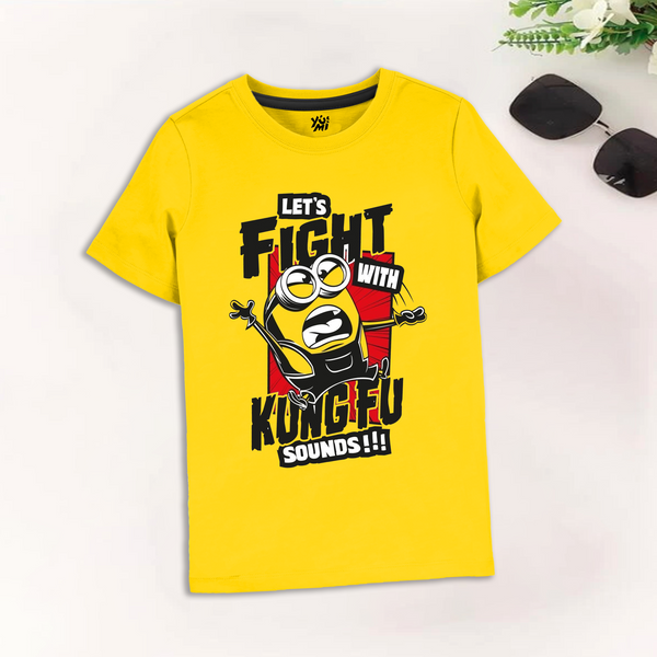 Kids Minion Yellow Let's Fight Kungfu Print T-Shirt - YUMI.PK