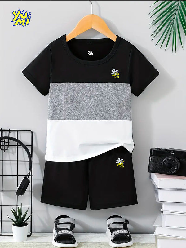 Black, Gray & White Color Block Kids' T-Shirt & Shorts Set