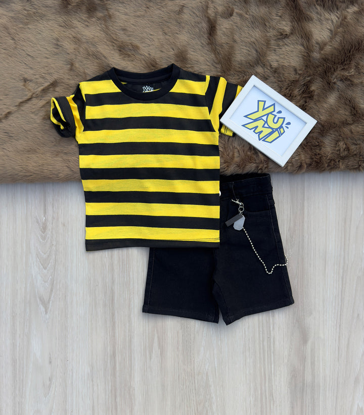 Bumble Bee Yellow & Black Striped T-Shirt and Shorts Set - YUMI.PK