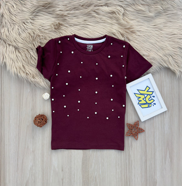 Girls’ Maroon Pearl-Embellished T-Shirt: Elegant & Chic