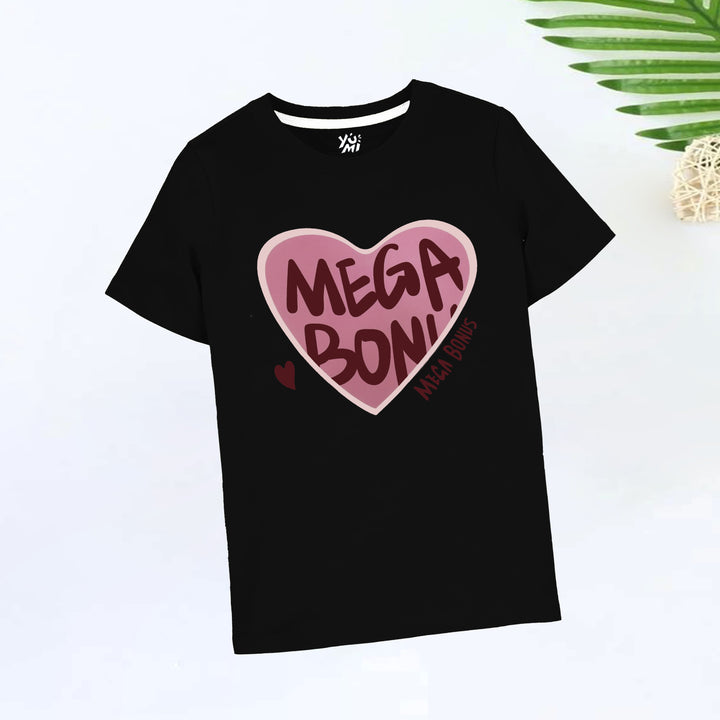 Girls' Black T-Shirt with Mega Heart Print - YUMI.PK