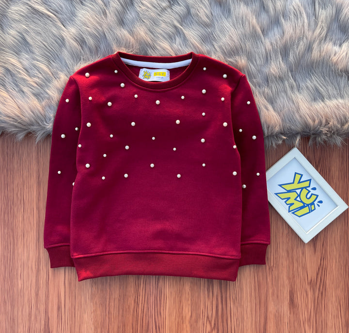 Glamorous Maroon: Pearls on Girls' Winter Sweatshirt - YUMI.PK