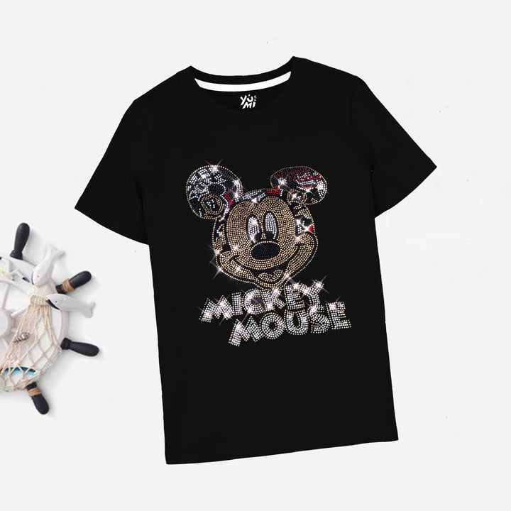 Kids' Sparkling Rhinestones Mickey Black T-Shirt - YUMI.PK