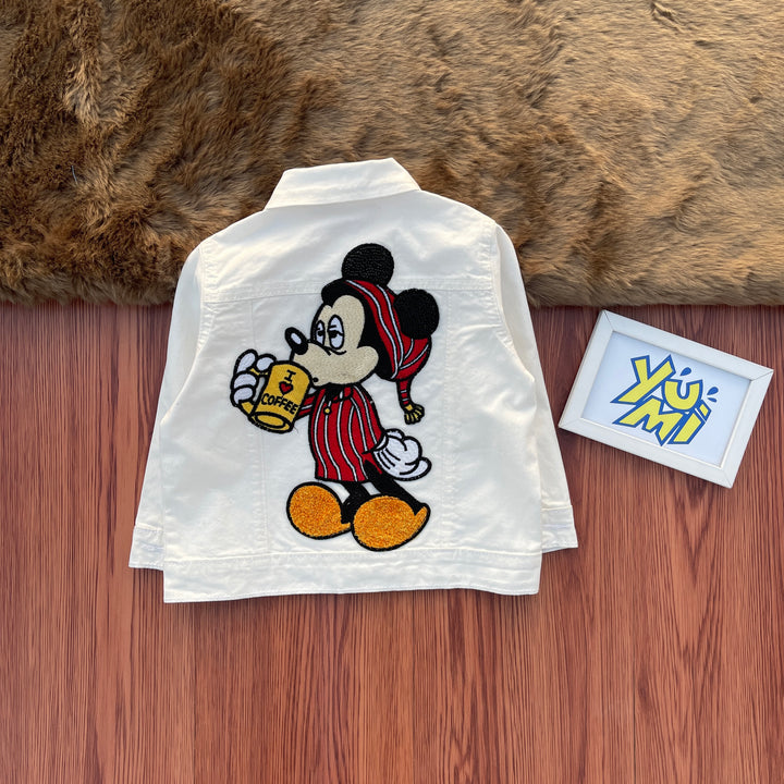 Boys white jacket with mickey coffee patch