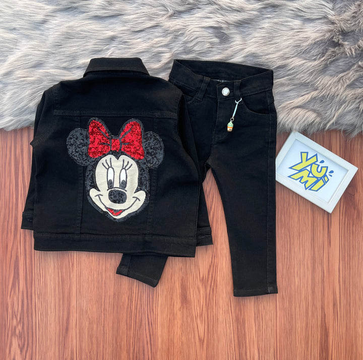 Minnie Magic Set: Girls' Black Jacket with Sparkling Minnie Sequin Patch &Jeans - YUMI.PK