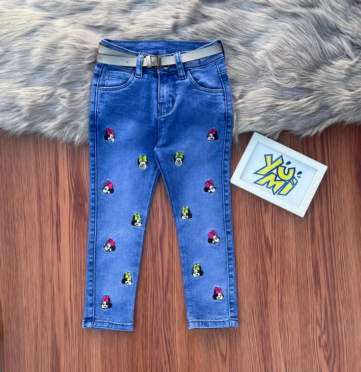 Girls Blue Bromo Jeans with Multi-Color Minnie Embroidery - YUMI.PK