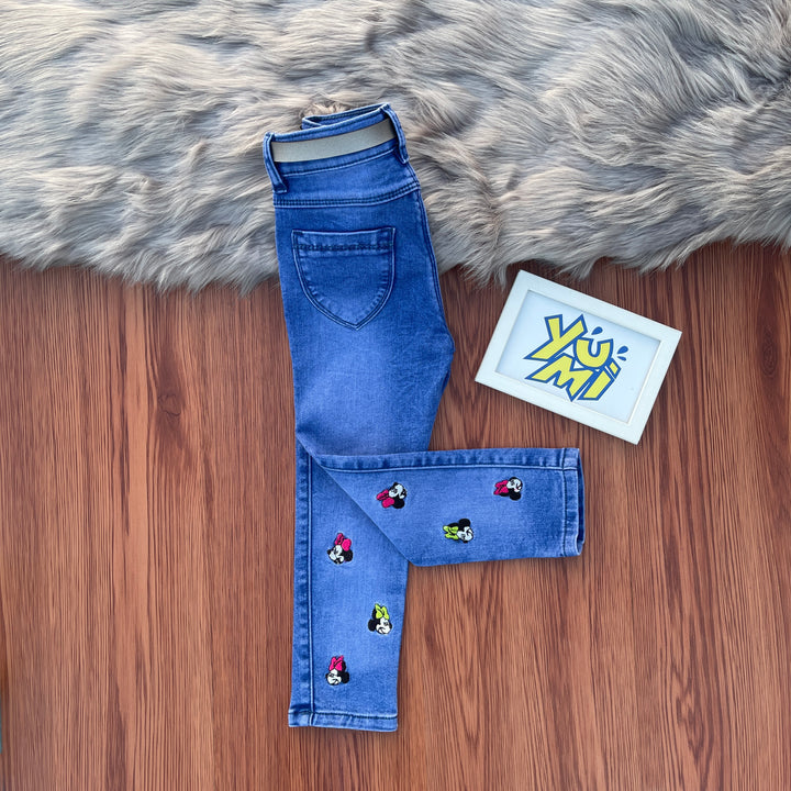 Girls Blue Bromo Jeans with Multi-Color Minnie Embroidery - YUMI.PK