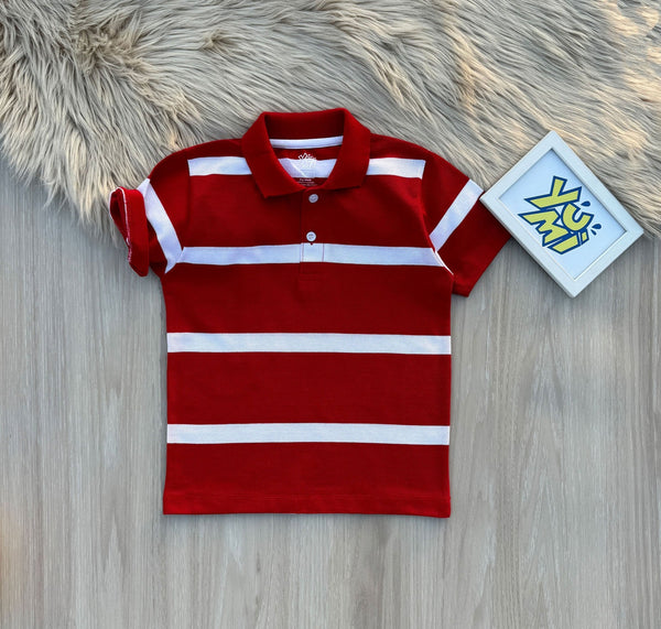 Kids' Red & White Striped Pique Polo Shirt - YUMI.PK