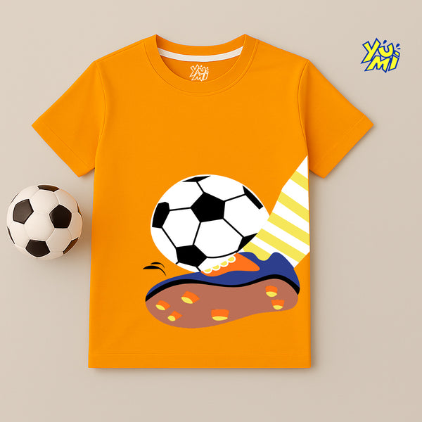 Kids orange T-shirt with soccer ball and football shoe graphic – YuMi.pk