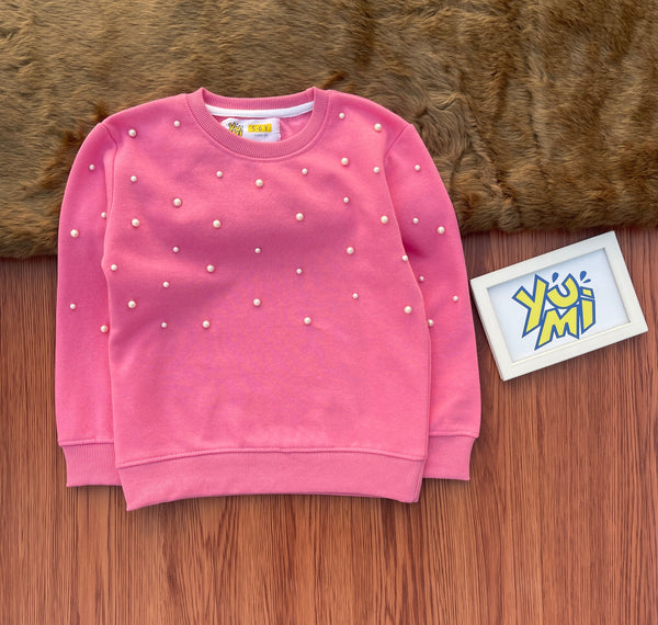 Pearl Princess: Girls' Pink Fleece Top with Elegant Pearls - YUMI.PK