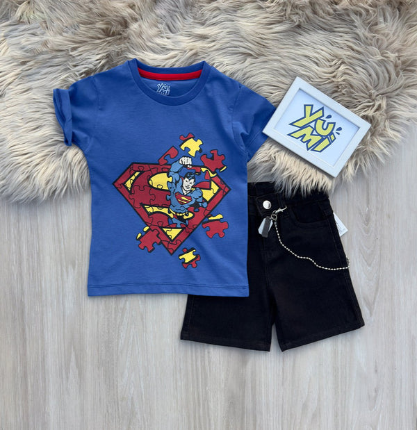 Superman t-shirt and black shorts for kids