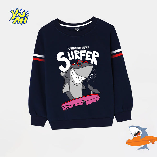 Winter Vibes: Kids' Dark Navy Shark Crewneck Winter Fleece Sweatshirt