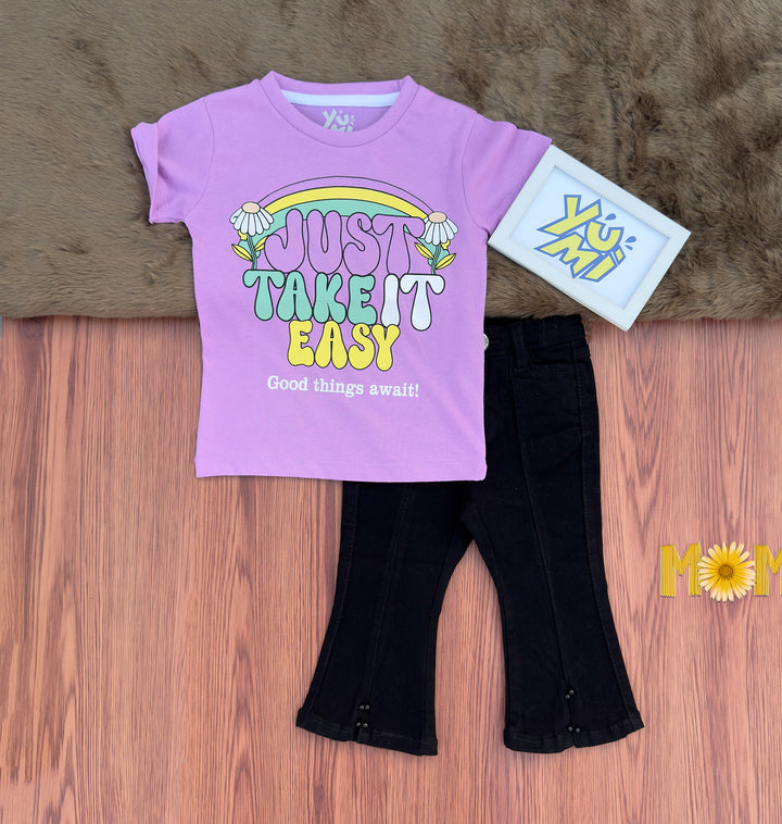 Easy Style: Trendy T-Shirt and Bell-Bottom Jeans for Girls - YUMI.PK