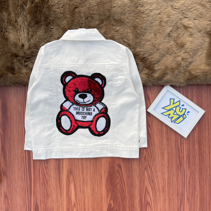 Kids' Soft White Cotton Jacket with Playful Red Teddy Bear 