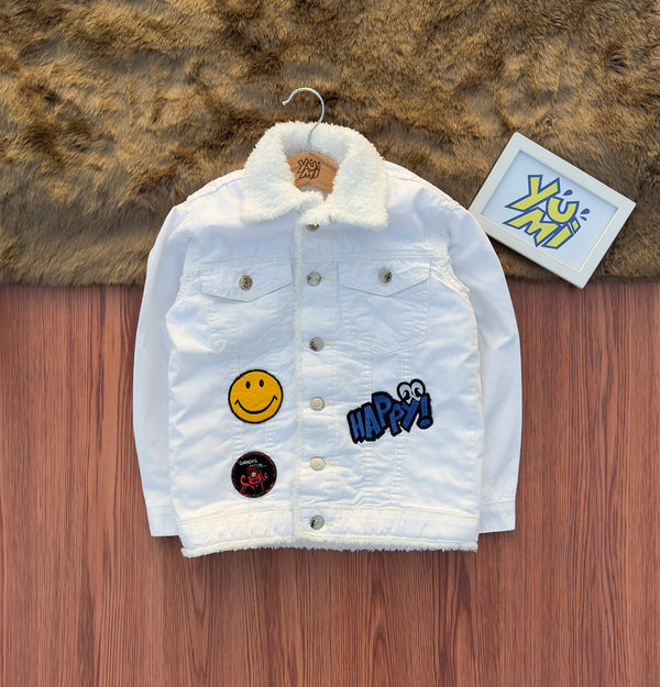 Kids' White Denim Jacket with Fur