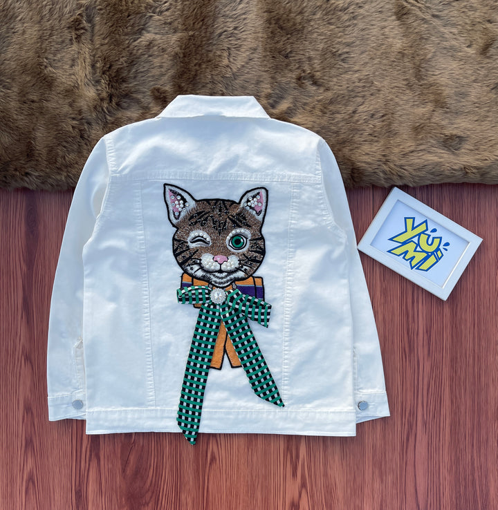 White Cat patch jacket for girls